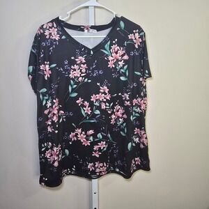 Ekouaer XXL Black Floral‎ Print V Neck Short Sleeve Casual Top Blouse